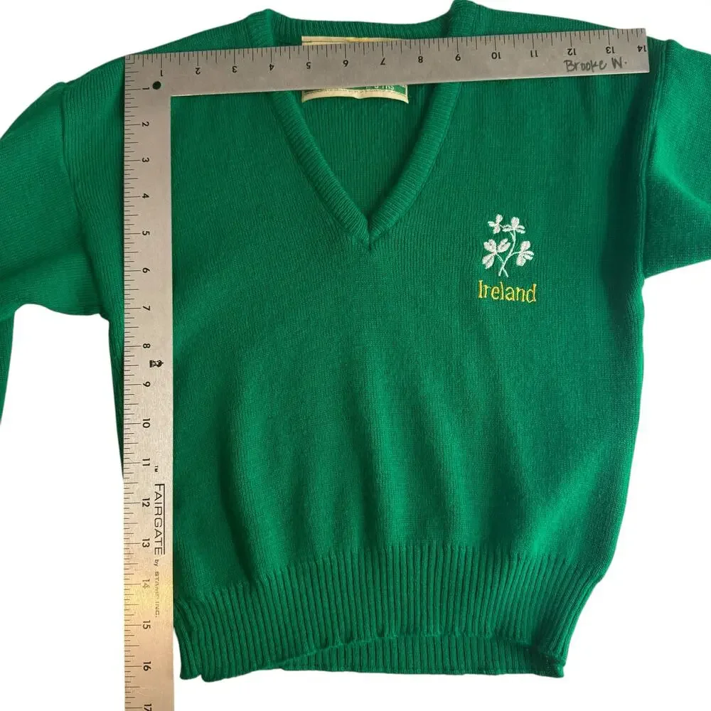 Traditional Craft Irish V Neck Sweater Kids 7-8 Celtic St Pattys‎ Day Green